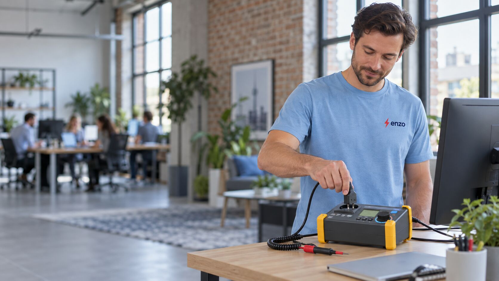 enzo-Prüfer prüft ein Gerät in einem Berliner Startup-Büro